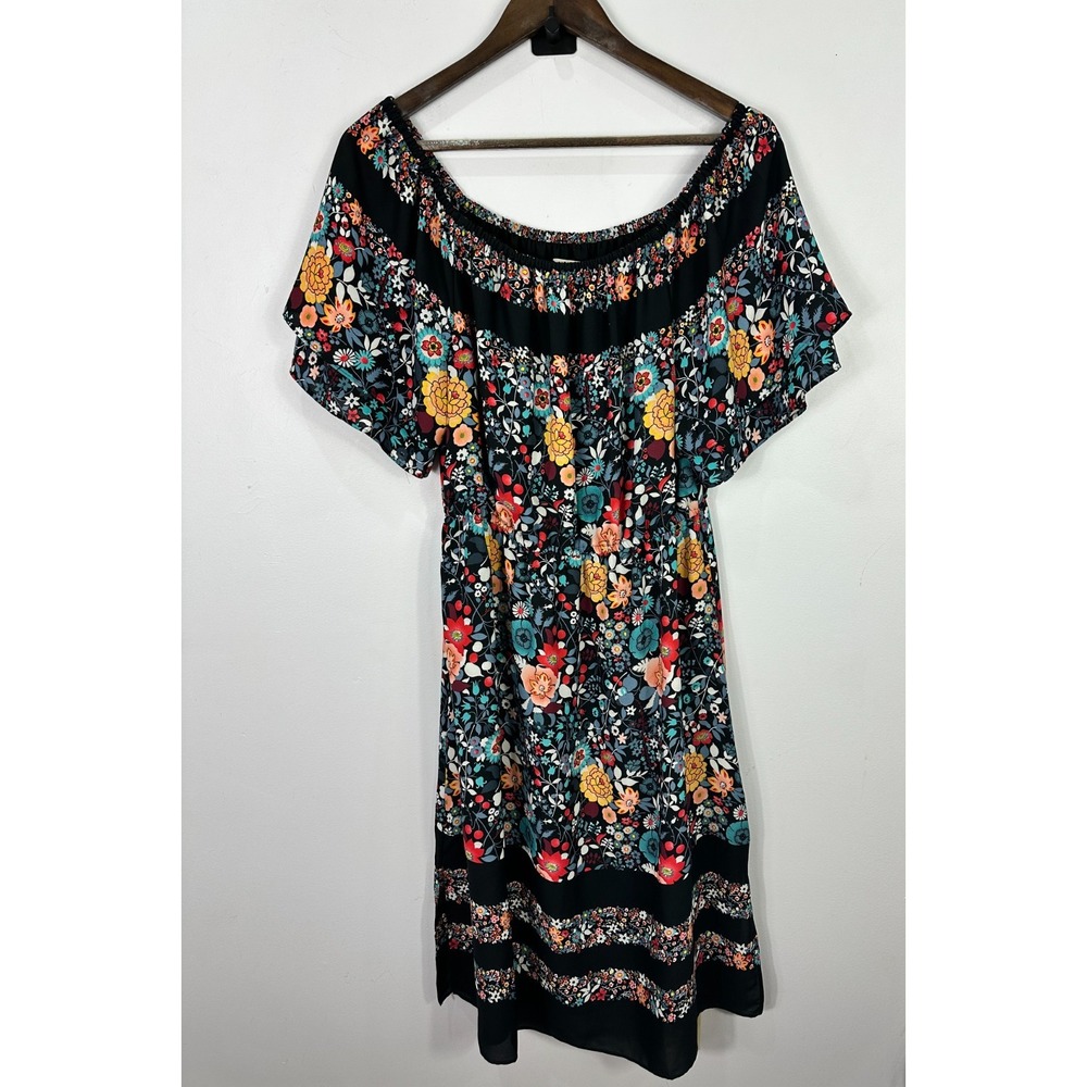 LOFT Floral Boho Off Shoulder Dress Medium Black Cottagecore‎ Peasant Romantic